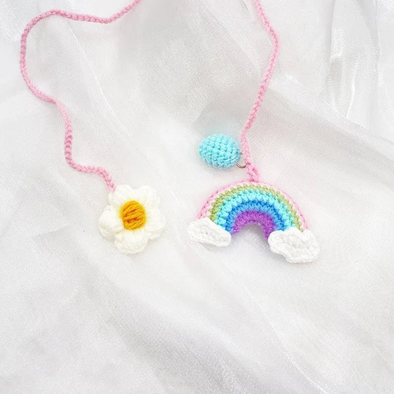 Handmade crocheted car pendant in avocado, pink rainbow, or red rainbow colours
