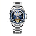 Men's silver automatic mechanical watch with blue dial and stainless steel strap