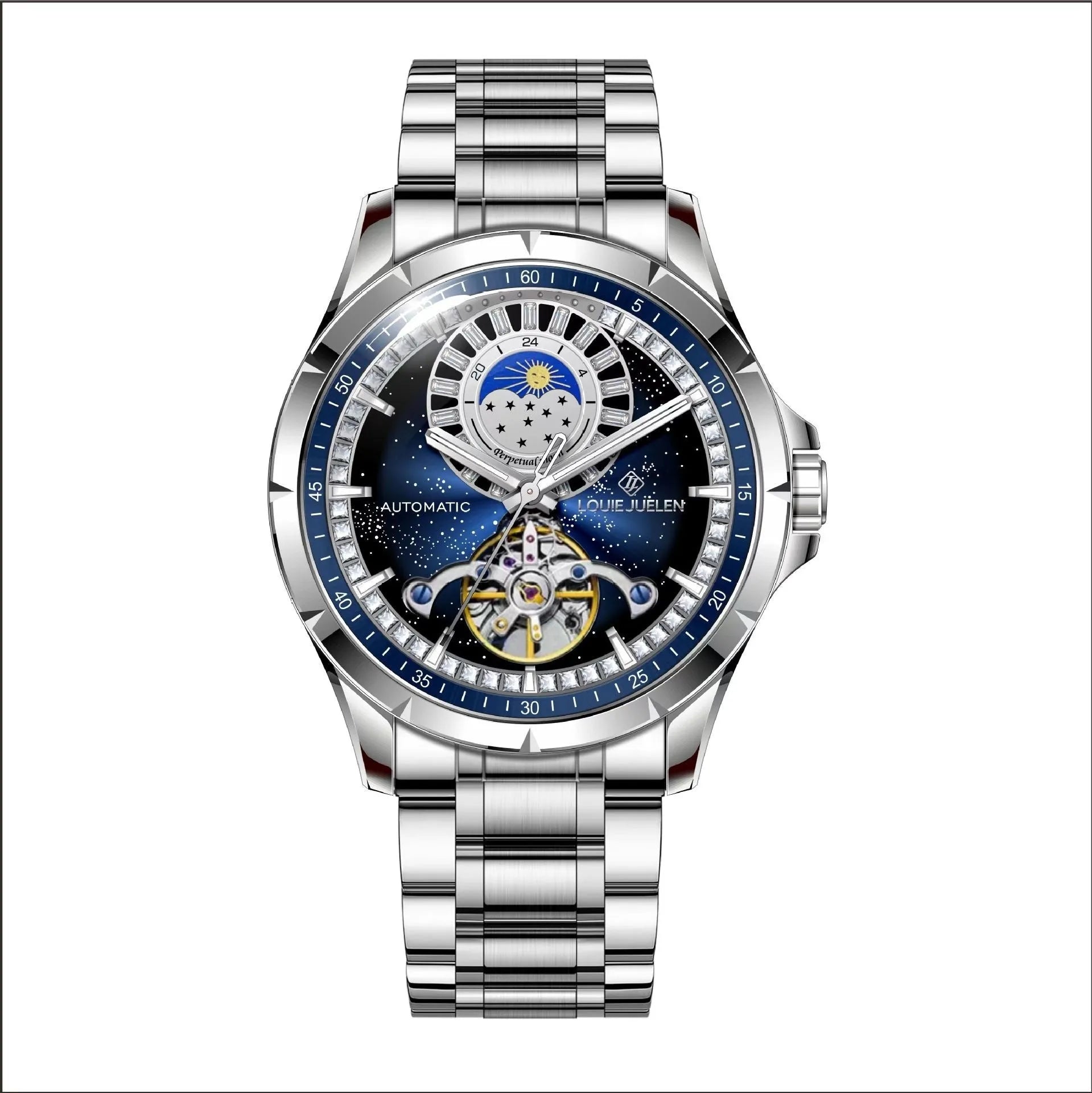 Men's silver automatic mechanical watch with blue dial and stainless steel strap