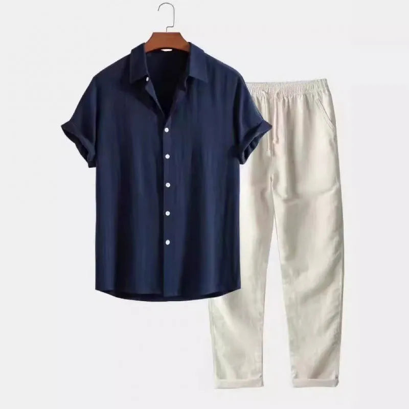 Men's loose fit casual suit with short sleeve shirt and trousers in linen-look polyester fabric