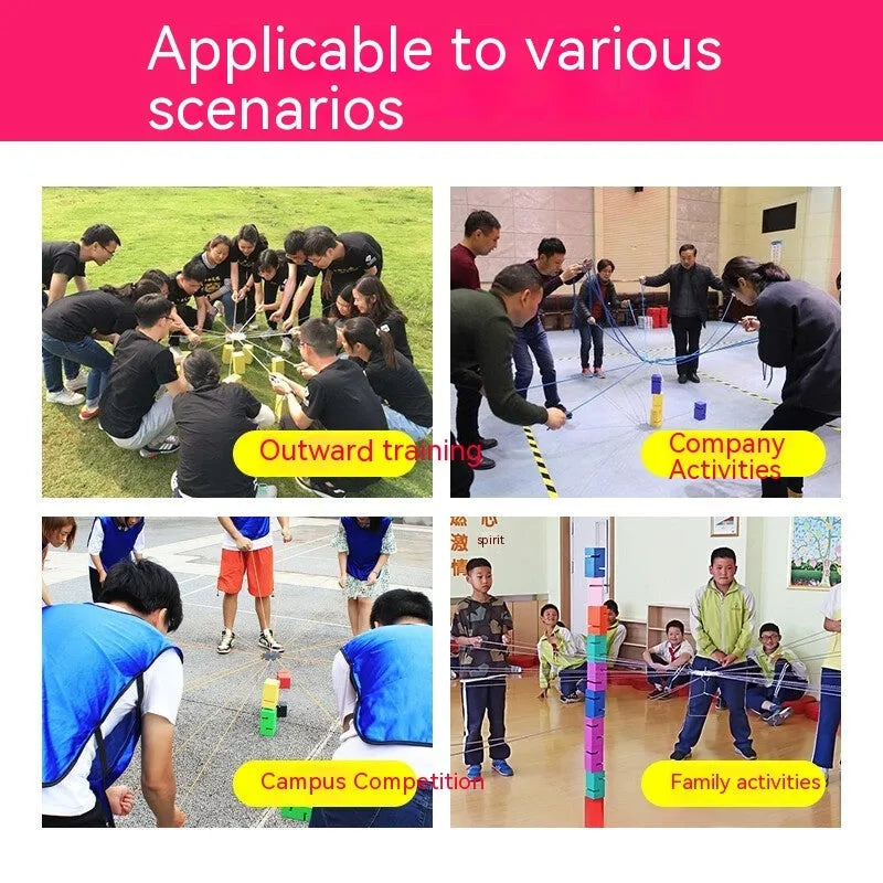 Outdoor team building equipment with ABS blocks, pull ropes, and hook frame set in multiple colours