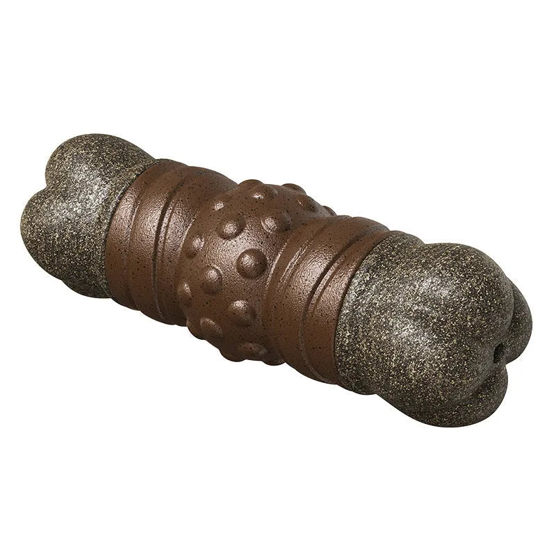 Wood colour plastic dog dental bone toy with integrated molar rod for teeth cleaning