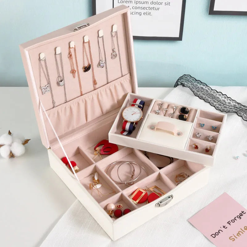 Red or white PU jewellery storage box with large capacity for necklaces and rings