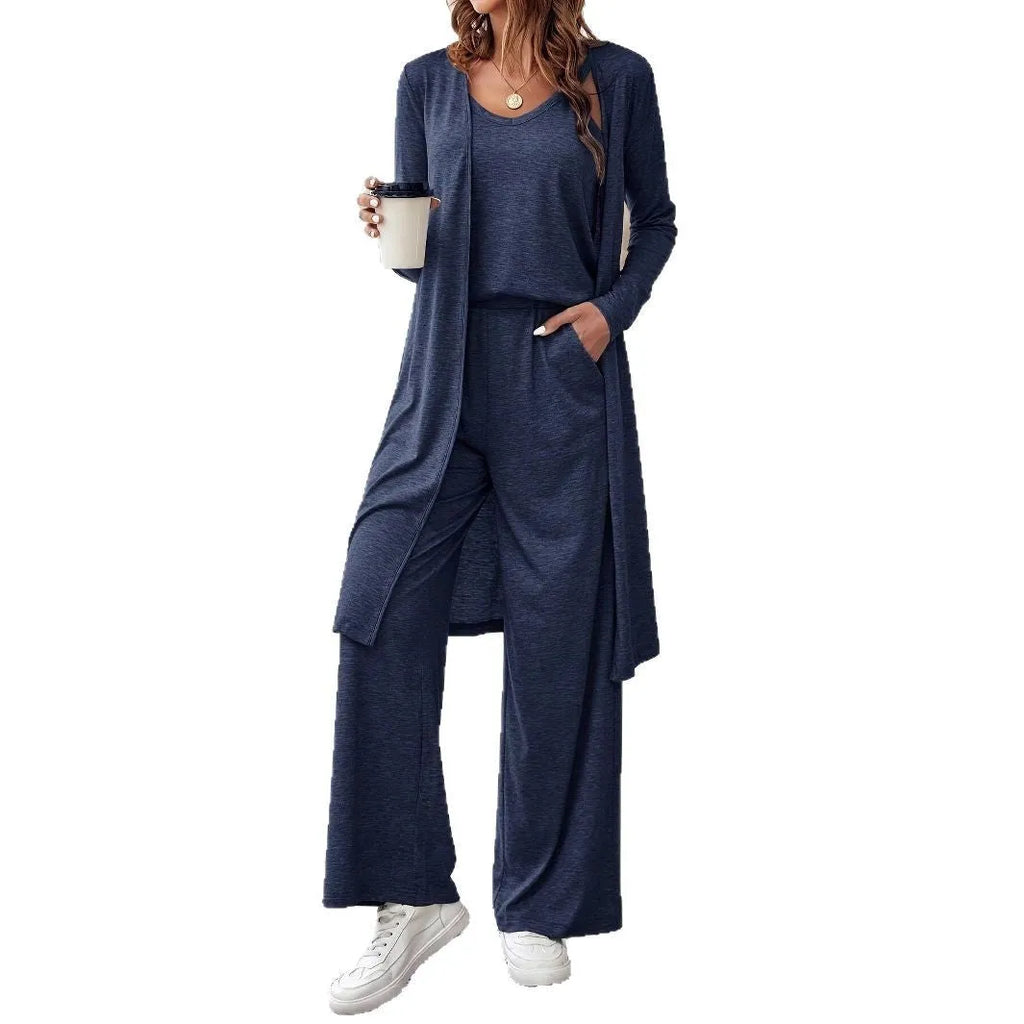 Blue women's three-piece casual suit with trousers, long cardigan and detachable suspenders in Japanese Korean style