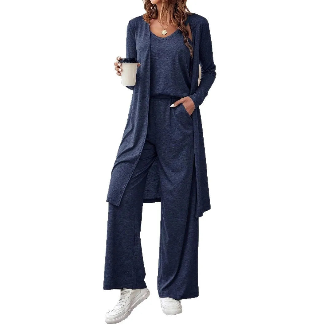 Blue women's three-piece casual suit with trousers, long cardigan and detachable suspenders in Japanese Korean style
