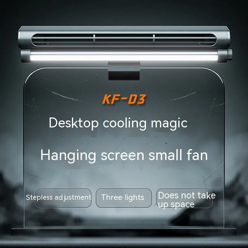 Black USB-powered bladeless clip-on laptop fan with integrated lighting lamp attached to computer screen