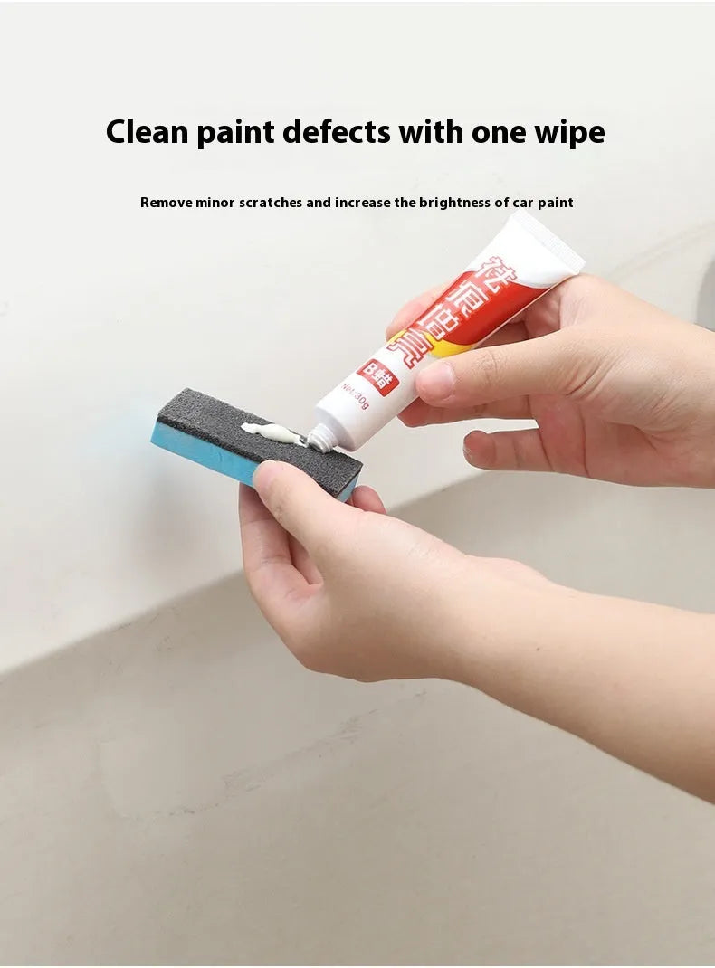 Car repair wax kit showing scratch removal A wax, polishing B wax, and a frosted sponge mop for DIY paint correction.
