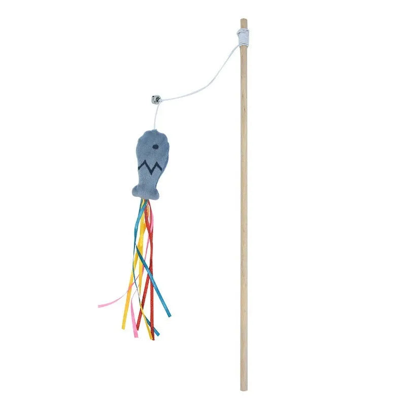 Cat wand toy with wooden handle, colourful ribbons, catnip fish attachment and bell for indoor feline play