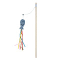 Cat wand toy with wooden handle, colourful ribbons, catnip fish attachment and bell for indoor feline play