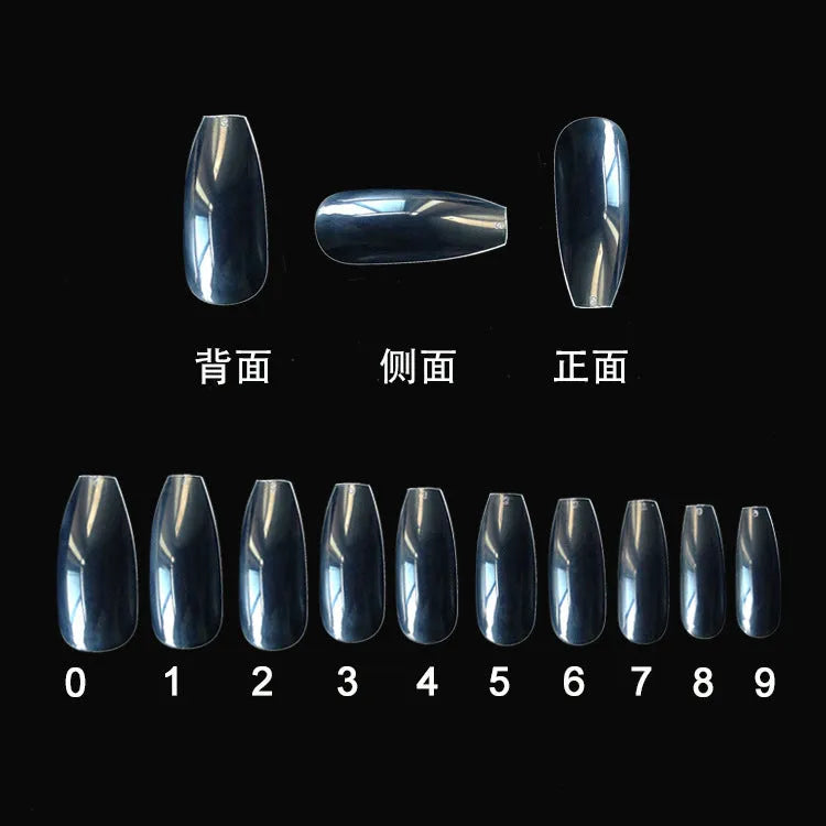 500 transparent and natural coloured ABS false nails in ten sizes, packaged in small bags.