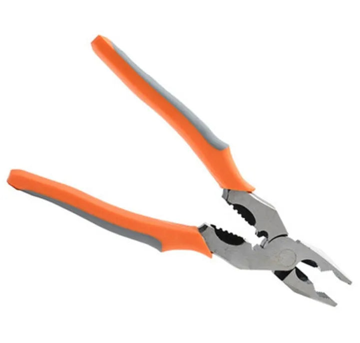 Orange-handled 9-inch multi-function wire cutter pliers with chrome steel jaws on a workbench.