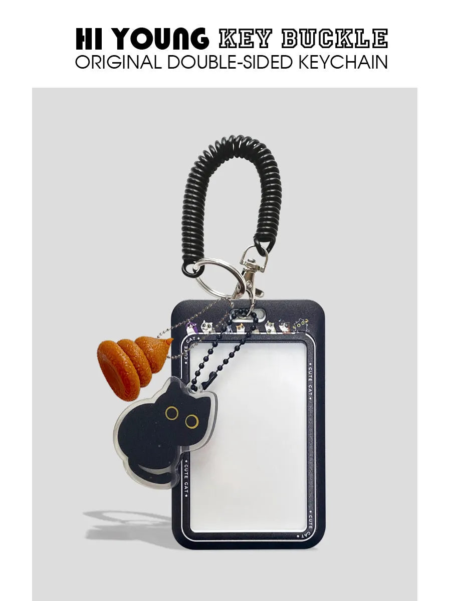 Cartoon black cat plastic card holder with metal keychain pendant for transport and student cards