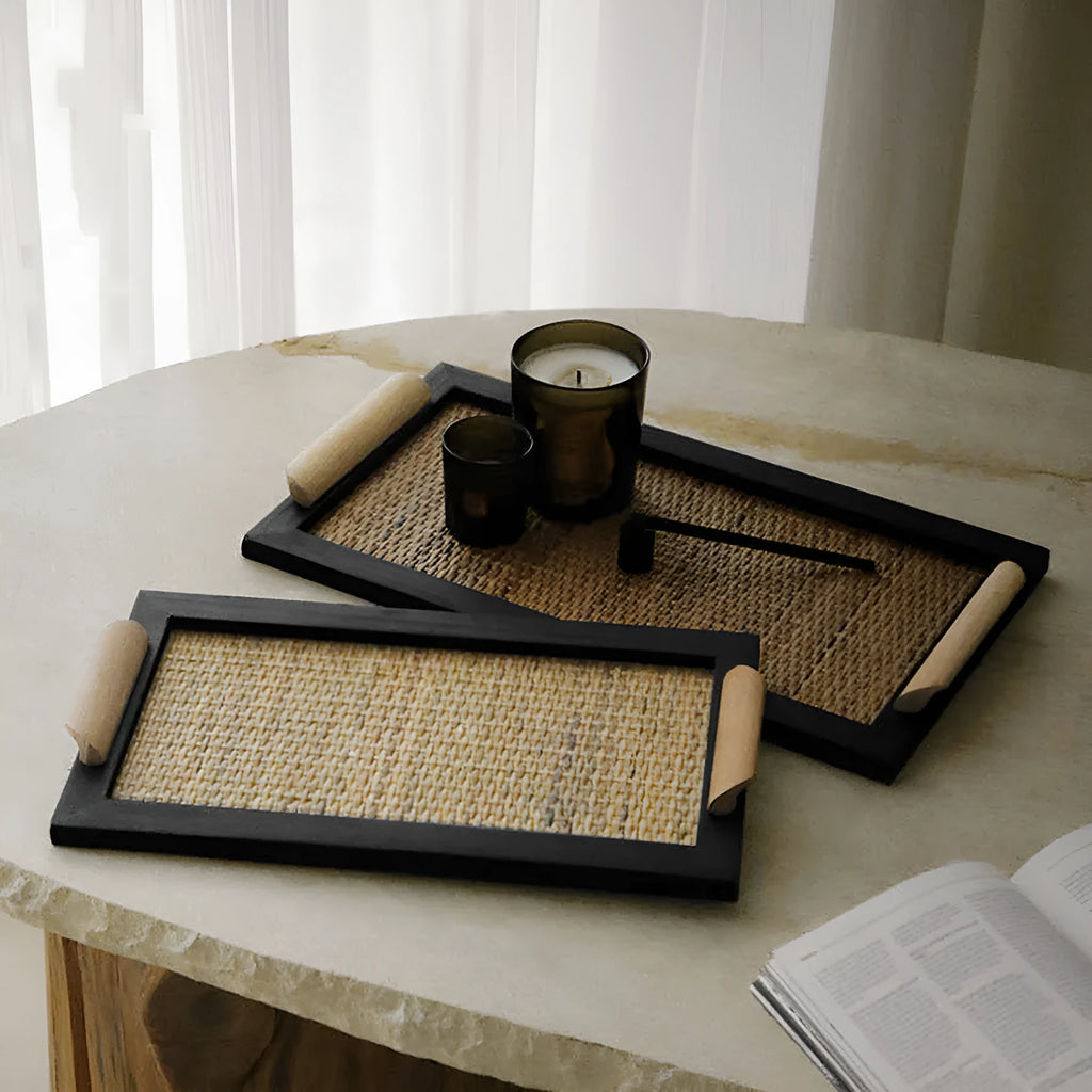 Pine wood serving tray with compartments for cups and snacks, shown in small and large size options.