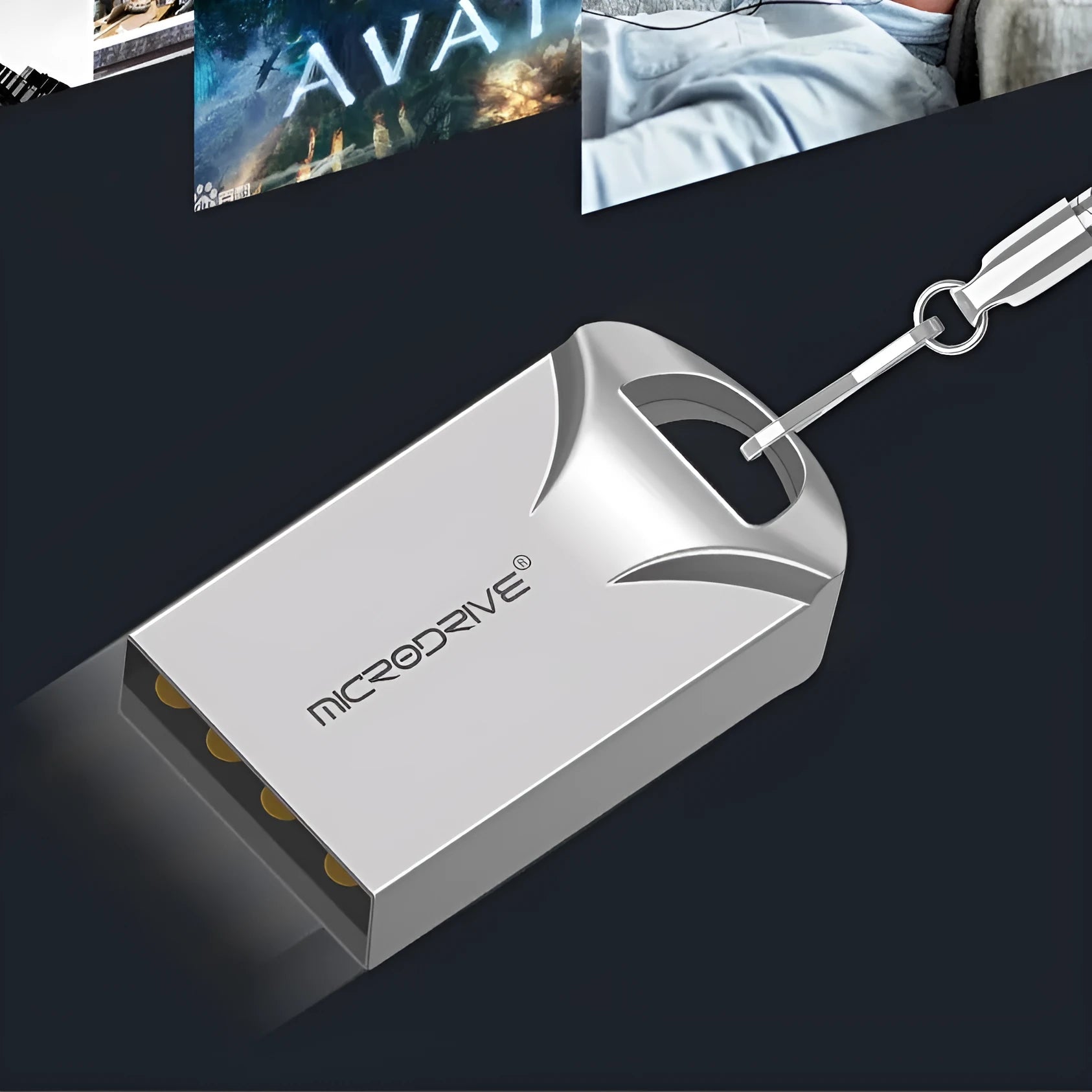 Small black and silver metal USB flash drive showing compact size and USB connector.
