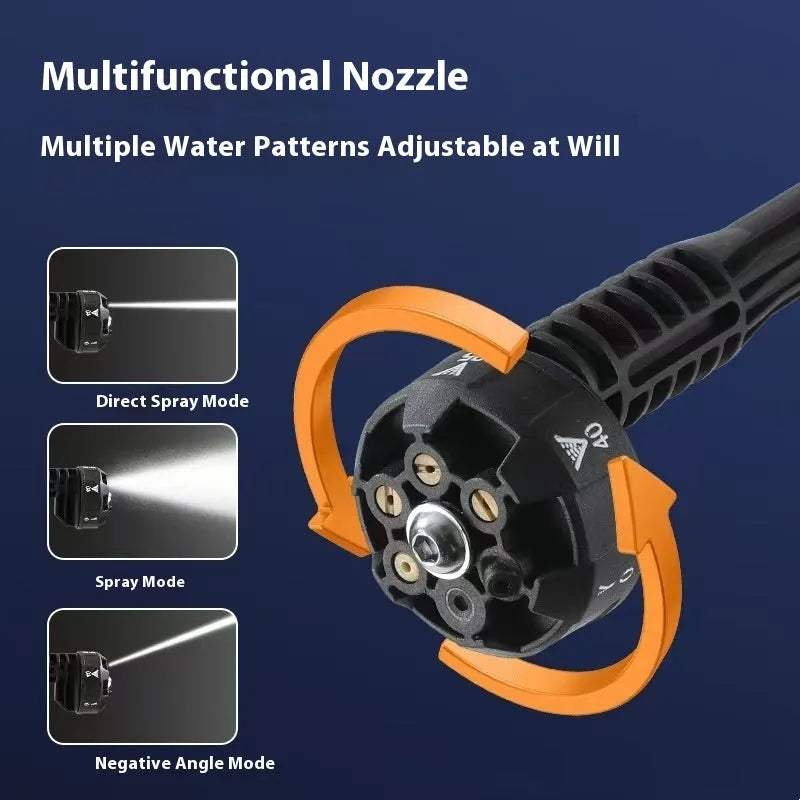 Wireless high pressure water gun in green with six-in-one nozzle, battery, and accessory kit for cleaning.