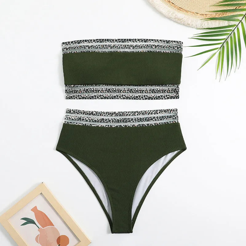 Black strapless split swimsuit with leopard print pattern showing front and back views