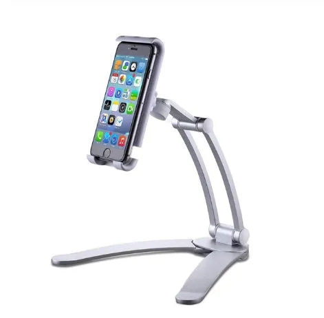Silver aluminium alloy desktop tablet stand with adjustable white mount holding a tablet
