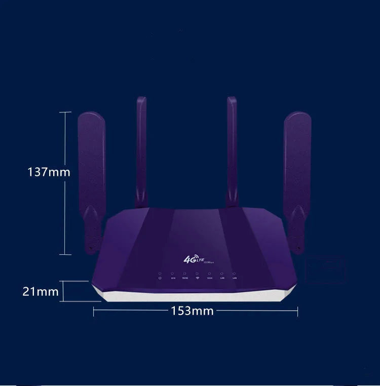Blue 4G and wired dual-mode router with four extended antennas, showing front panel indicators.