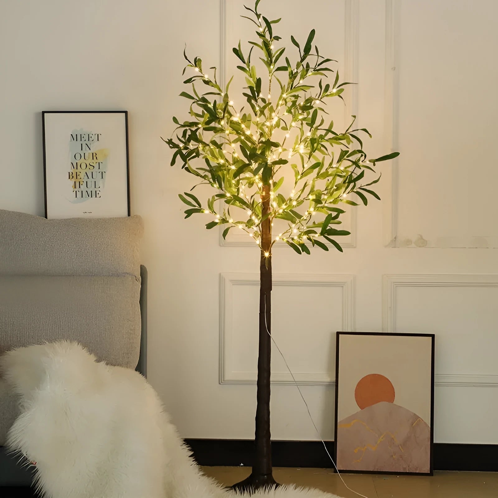 1.8 metre tall artificial olive tree lamp with warm LED lights throughout branches for courtyard decoration