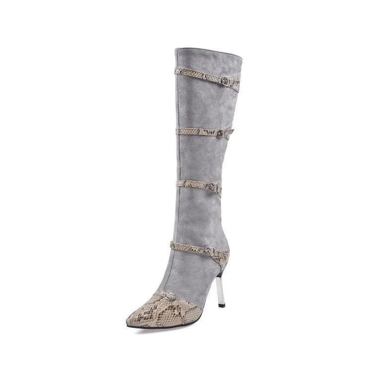 Grey and black women's knee-high boots with a thin high heel on a plain background.