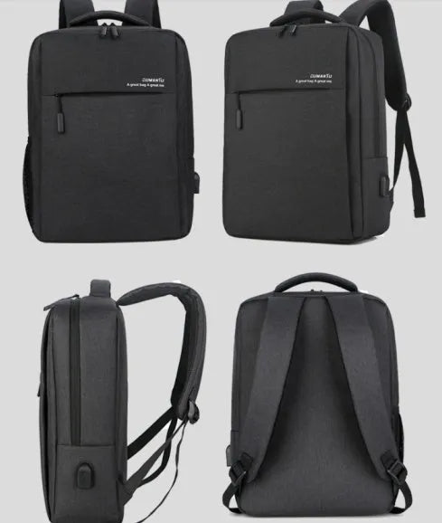 Waterproof Oxford cloth laptop backpack with rechargeable battery in black colour on a shoulder