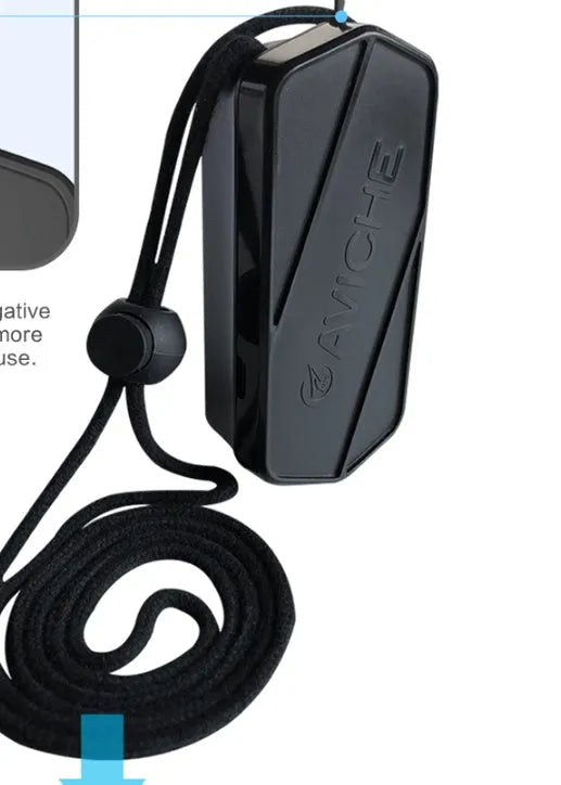 Black wearable personal air purifier necklace showing front and side views.
