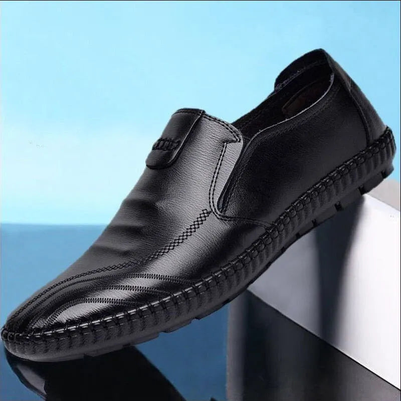 Men's plain-toe business shoes in black and brown PU with flat heel