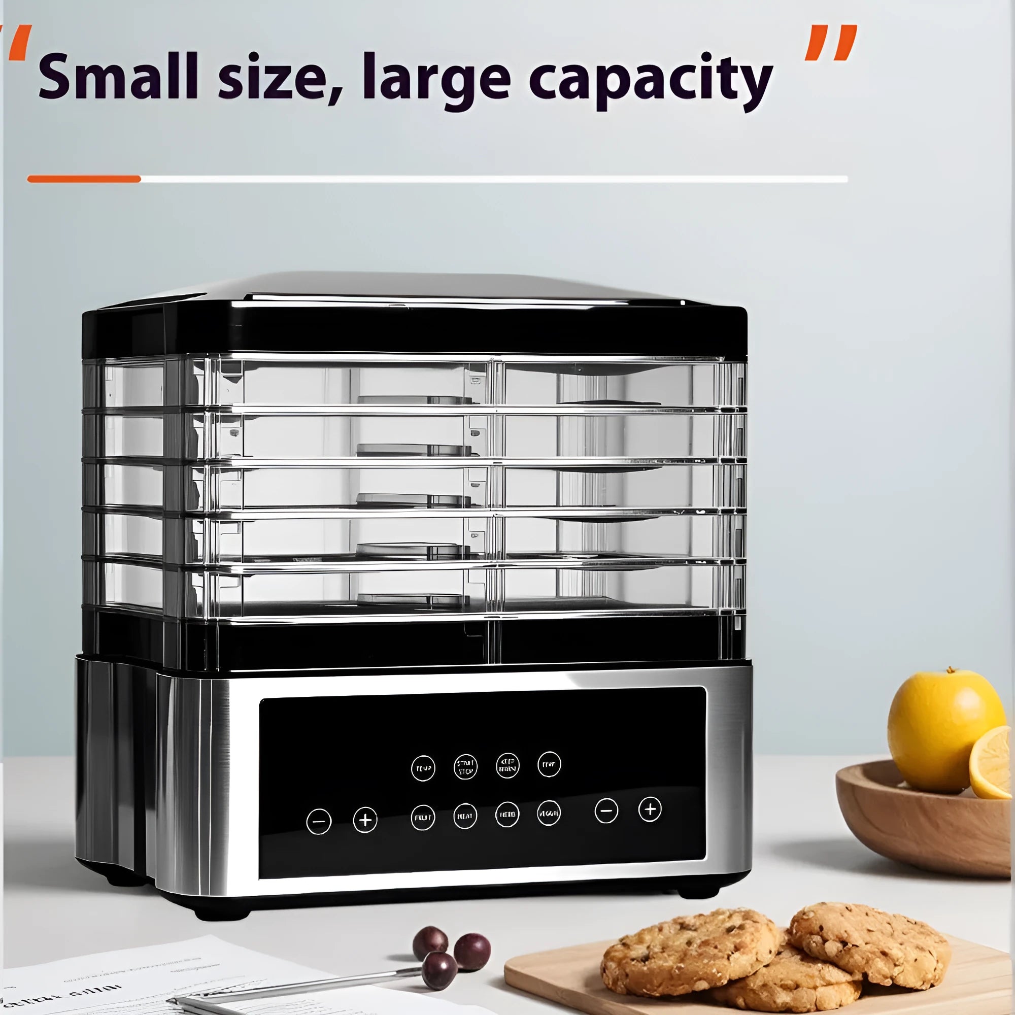 Silver stainless steel fruit dehydrator food dryer with 14 litre capacity and temperature control