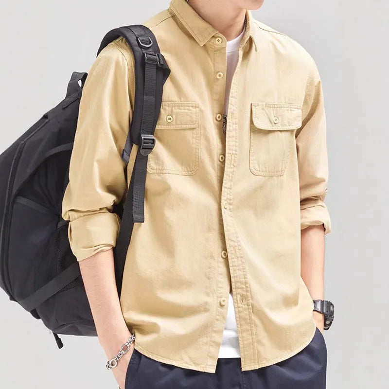 Men's loose-fitting long sleeve cardigan shirt in lightweight polyester fabric