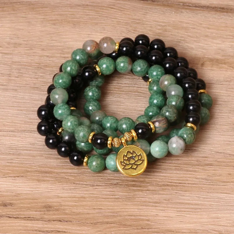 Green and black alloy elastic beaded bracelet with natural style on wrist
