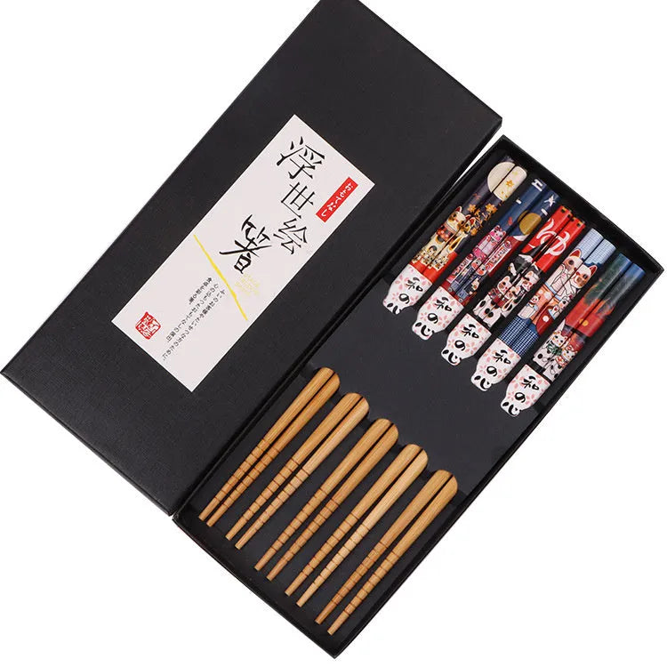 Five pairs of Japanese style bamboo chopsticks with lucky cat or elegant blue cartoon patterns