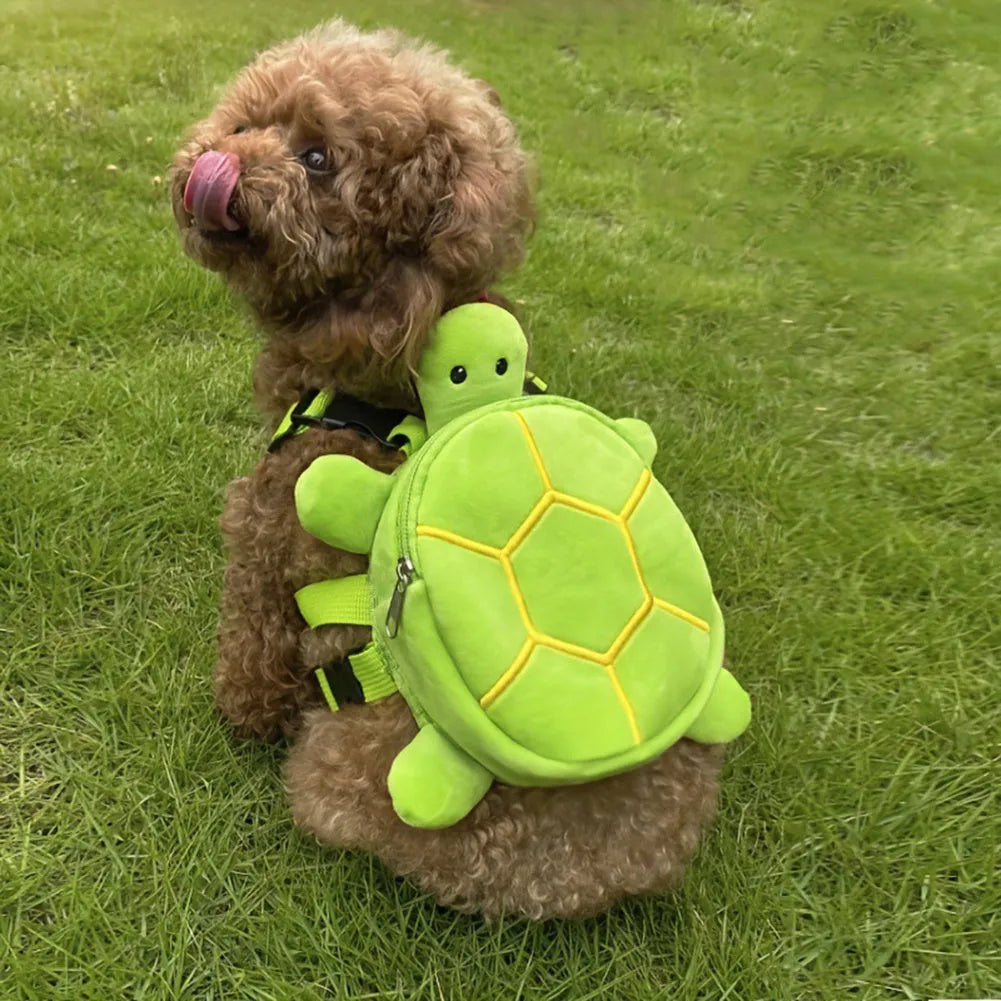 Cartoon turtle shape dog backpack harness in velvet fabric with metal zipper closure