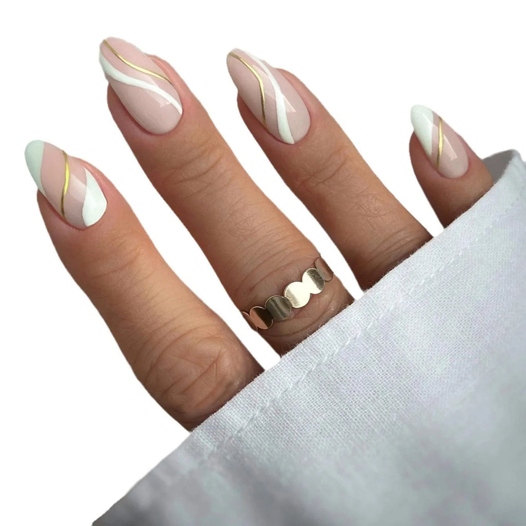 Plastic wearable nail stickers in JF0518 plaid pattern with medium drop shape and jelly glue backing.