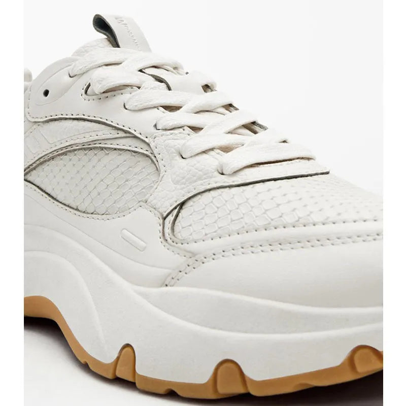 Women's beige first layer cowhide round toe sneakers with thick sole and cross strap detail