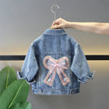Girls single-breasted denim bow coat in pink or white, cotton fabric, back bow detail, cartoon pattern, spring autumn wear