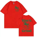 Rise And Grind green coffee cartoon print on a loose-fit linen T-shirt in khaki colour