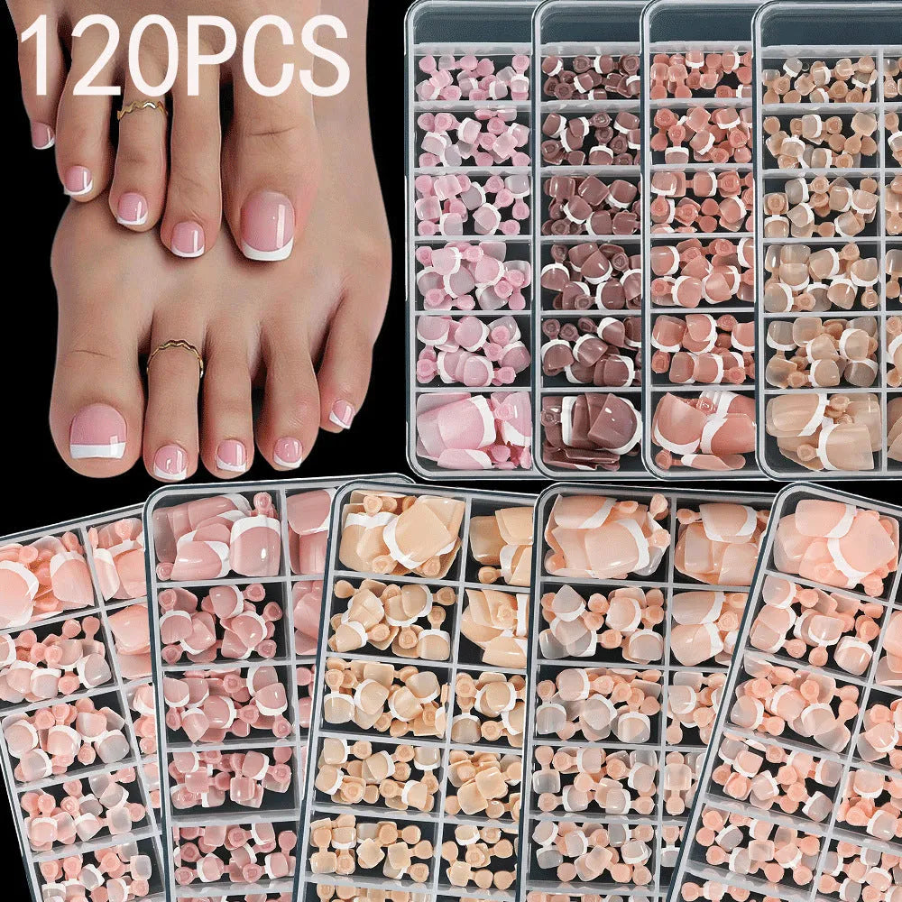 Box of 120 French tip artificial toenails in full square short shape with nine nude colour options