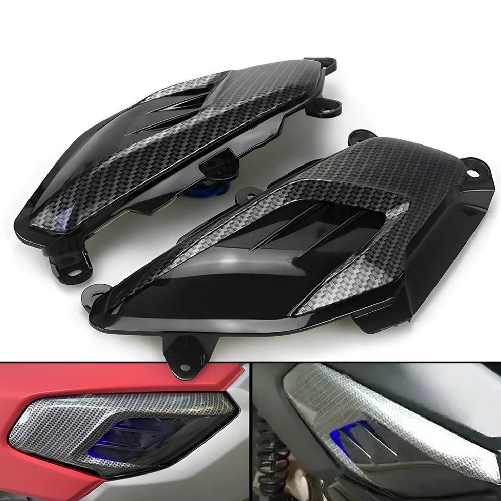 Pair of carbon fibre style LED side lamps for YAMAHA NMAX scooters in blue or red.