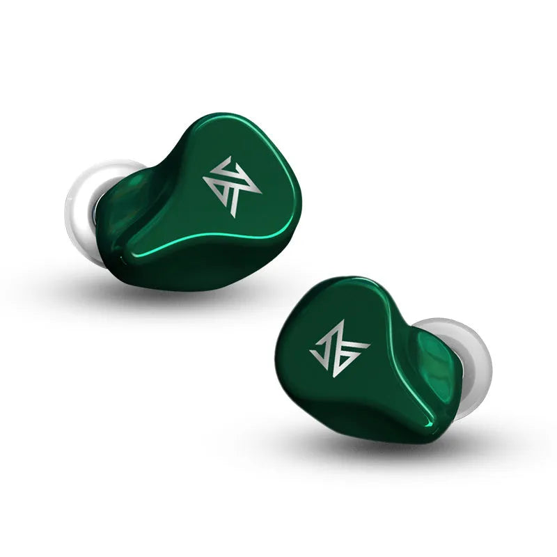 Black and Green Z1 true wireless Bluetooth in-ear headphones on a white background.