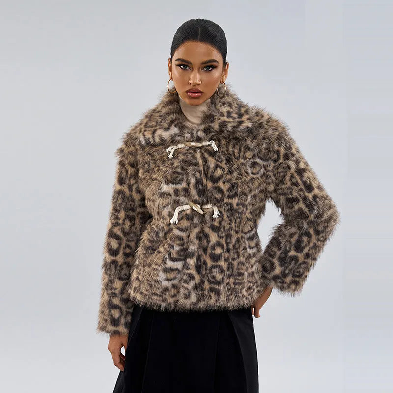 Women's leopard print polyester coat with buckle lapel detail showing regular sleeves and mid-length design