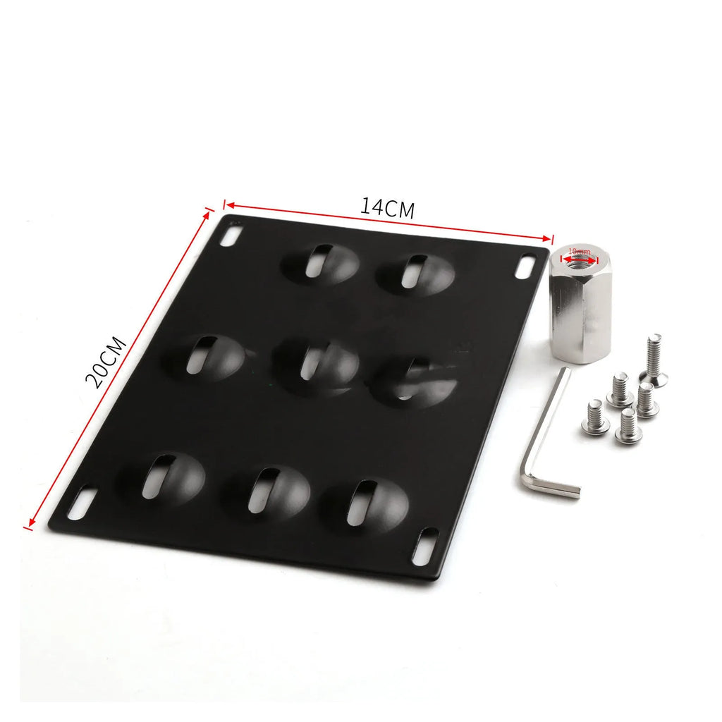Silver metal car licence plate frame with a central towing hook, next to screws and a nut.