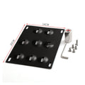 Silver metal car licence plate frame with a central towing hook, next to screws and a nut.