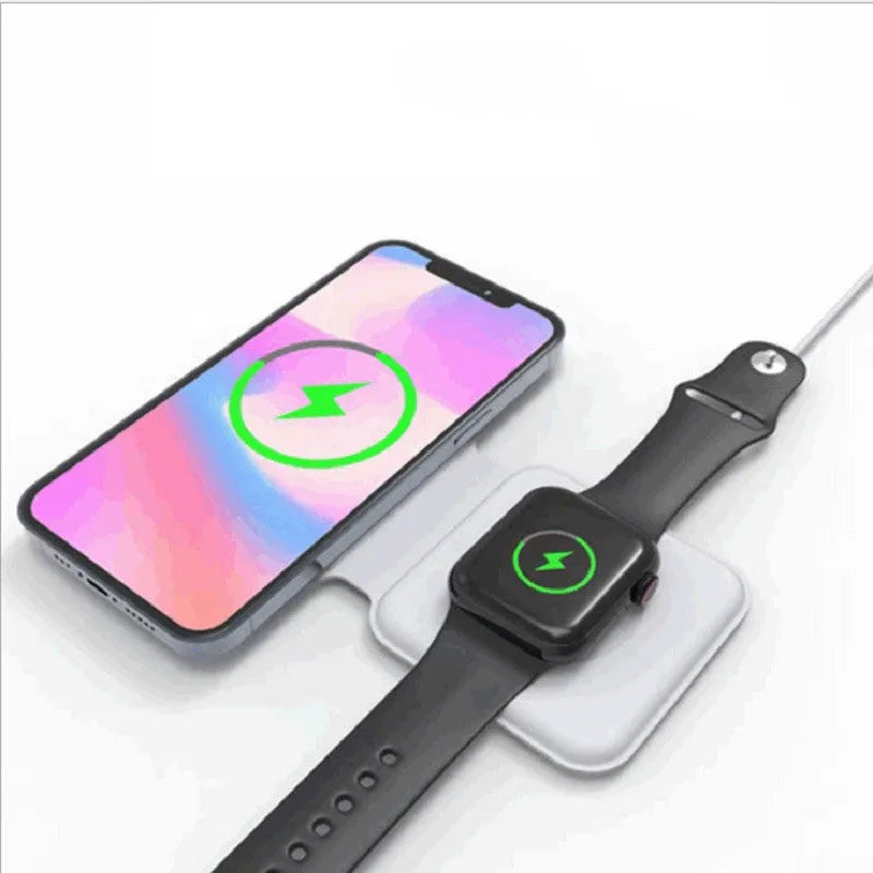 White foldable magnetic wireless charging dock showing dual charging pads for two phones