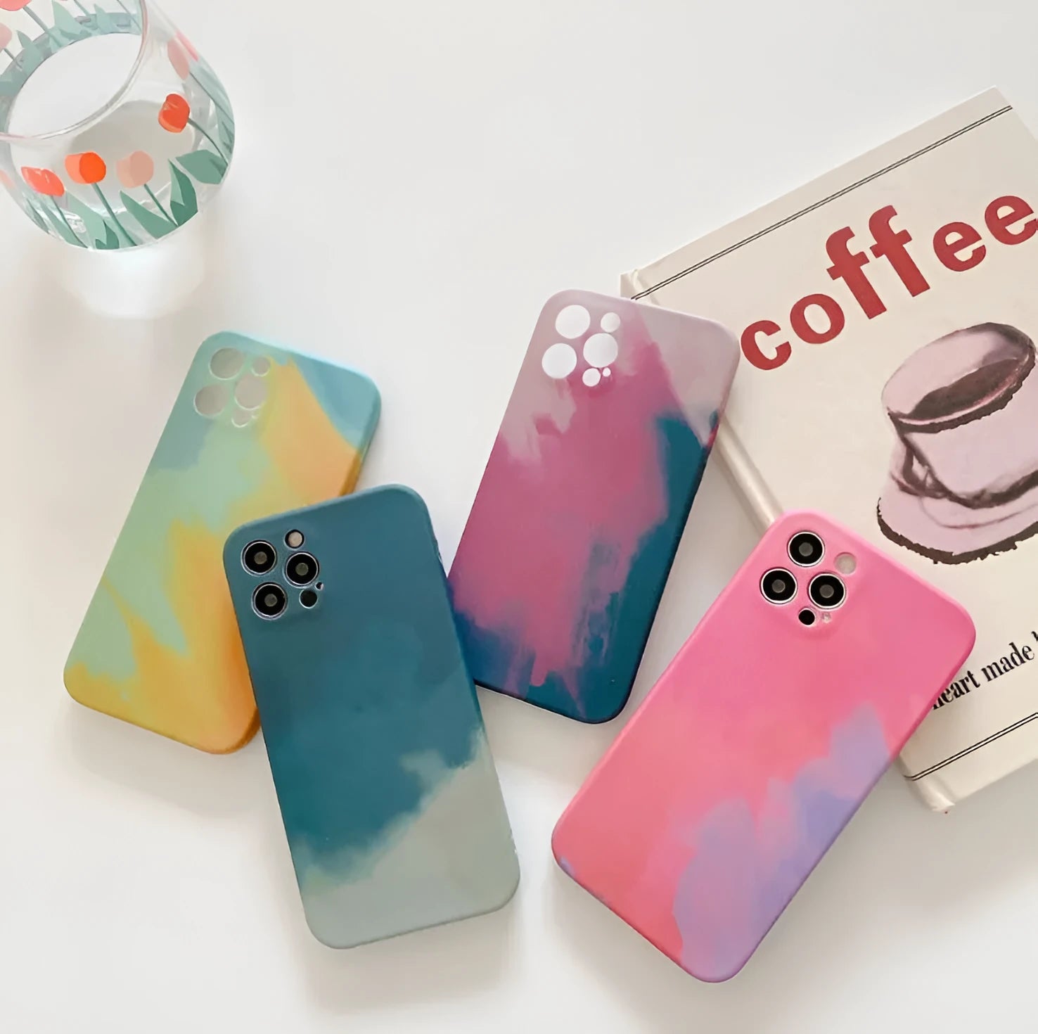Silicone iPhone case with gradient geometry abstract design in blue, green, pink, purple colour options