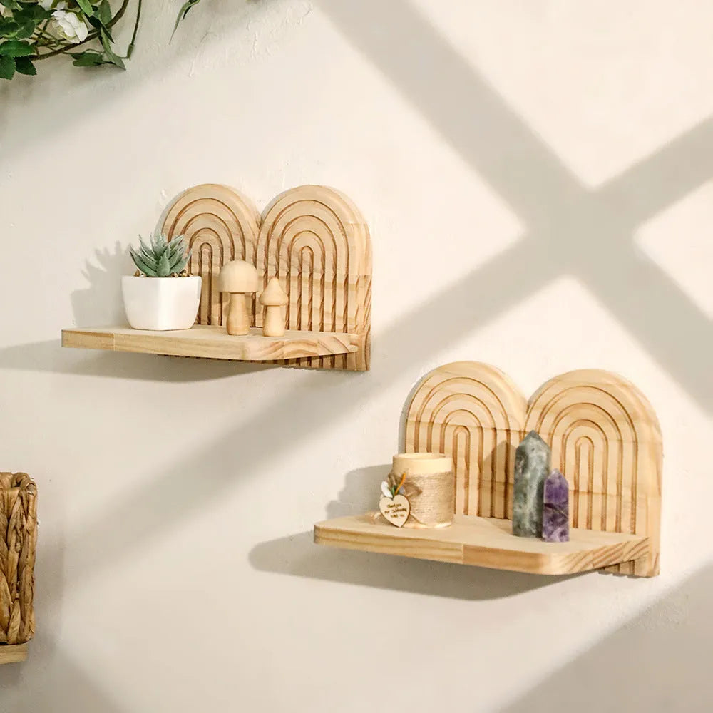 Wooden multi-layer wall storage rack holding potted plants on horizontal shelves
