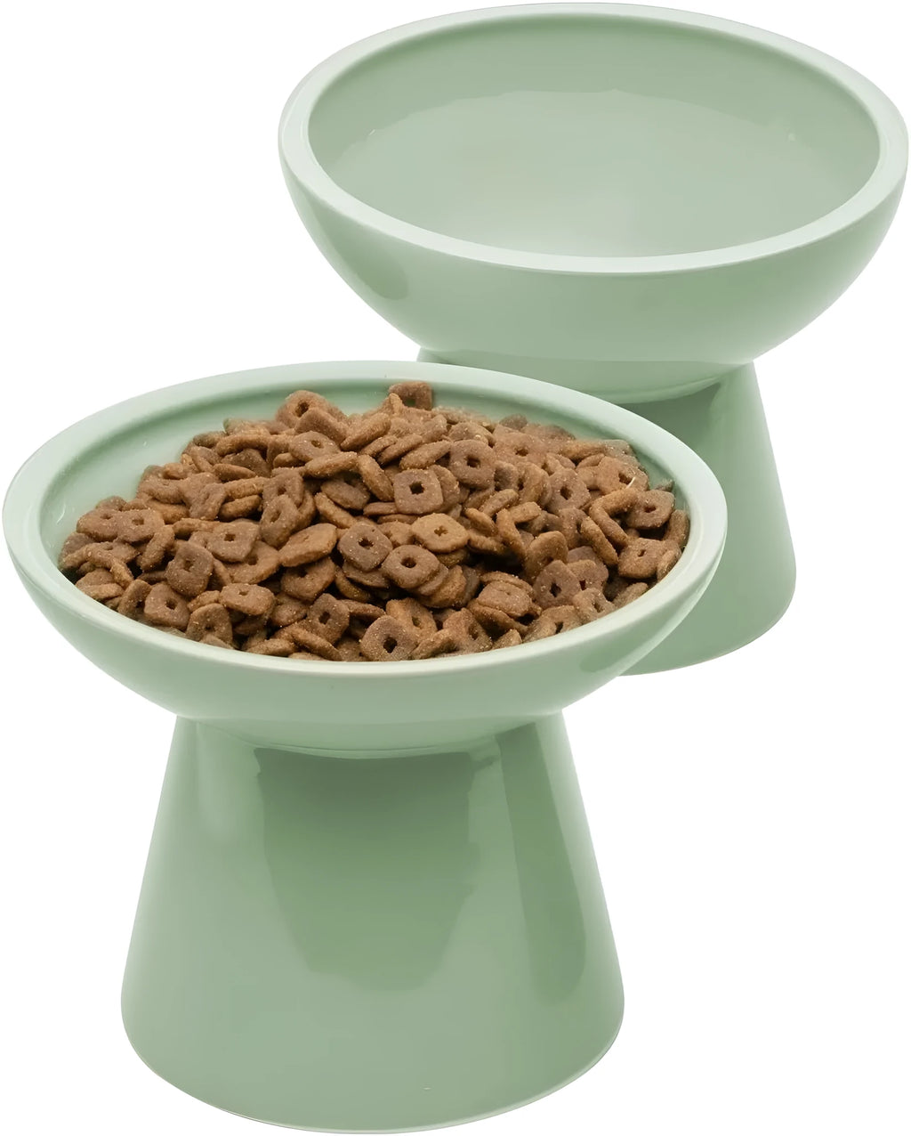 Blue ceramic elevated cat food bowl with wide shallow dish and raised base
