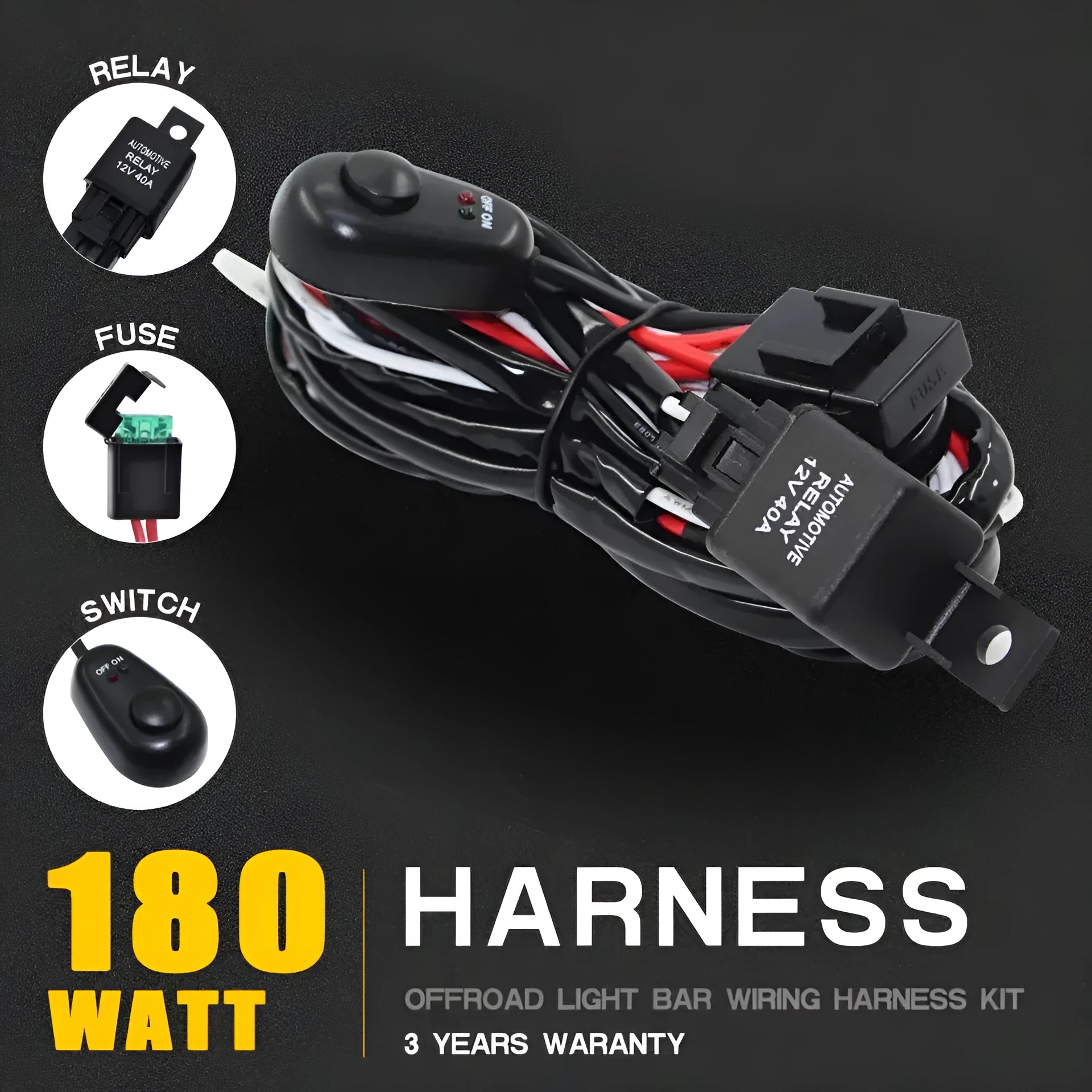 Automotive LED roof work light wiring harness with 2 metre silicone cable and one-to-two connectors