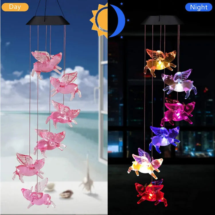 Outdoor solar wind chime garden lamp with LED lights and decorative hummingbird design