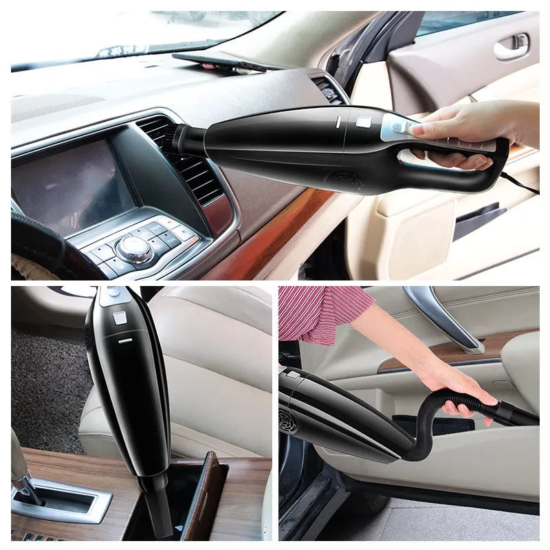 Black and orange Hypa car vacuum cleaner with cigarette lighter plug, showing compact size.