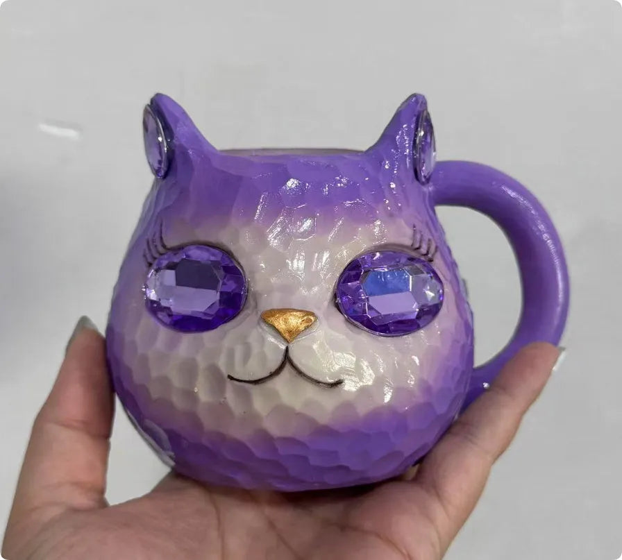 Resin crystal earth cat cup desk ornament in purple, green, blue, or pink colour with base